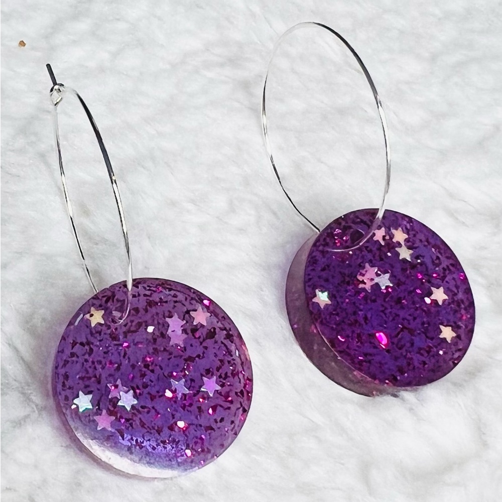 Purple Galaxy Glitter Resin Pendant Hoop Earrings
